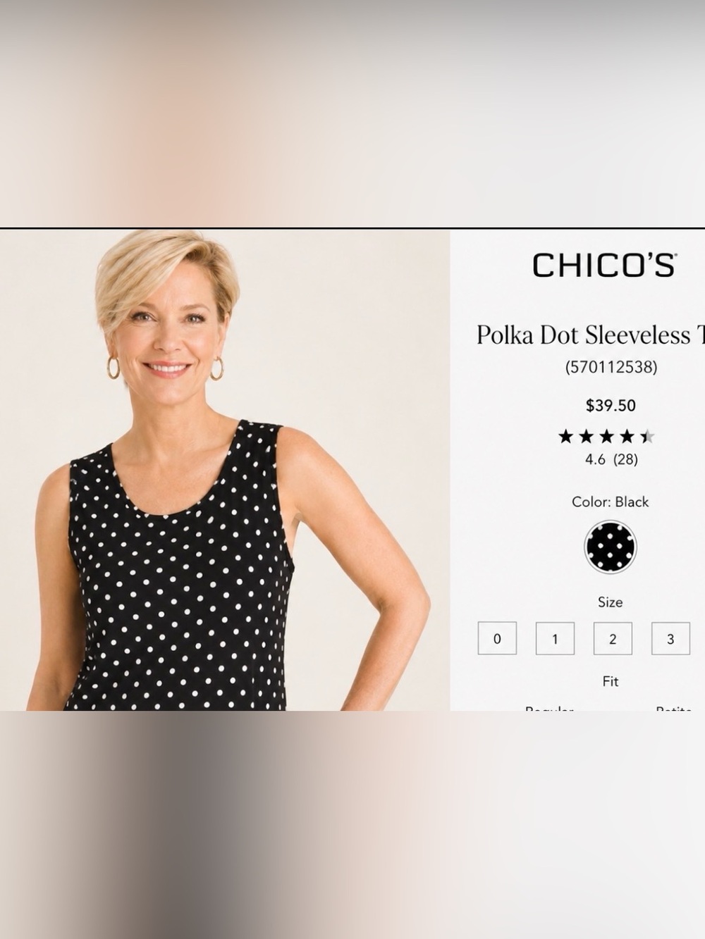 Chicos Black Classic Polka Dot Sleeveless Tank Top Size 3